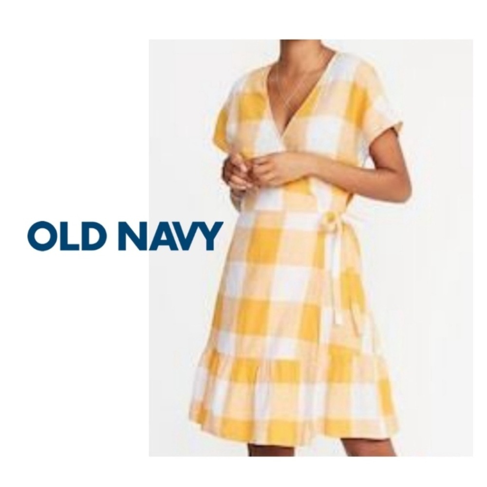 Old Navy Yellow Plaid Wrap Dress linen rayon mix size 8
